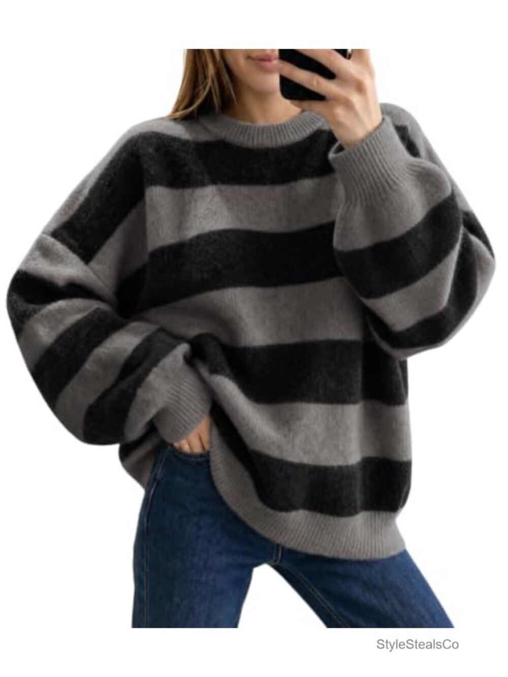 Oversized Striped Color Block Knit Pullover Sweater Lantern Sleeve